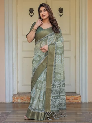 Image of ALMAARI FASHION Floral Printed Cotton Saree for Women with Handloom Zari Weave, Traditional Lightweight Ethnic Saree for Wedding Festive Office Party with Blouse Piece (LINEN 81-90 SH)