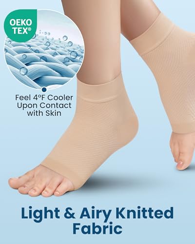 Image of KEMFORD Ankle Compression Sleeve with Cooling Effect - 1-Pair, Plantar Fasciitis Braces - Open Toe Compression Socks for Swelling, Sprain, Neuropathy, Arch Support for Men and Women - L, Arctic Beige