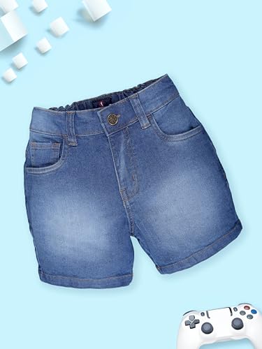 Image of KiddoPanti Boys Knee-Length Denim Shorts | Stretchable Cotton Poly Denim | Comfortable Fit with Button Elasticated Waistband & Zip Fly
