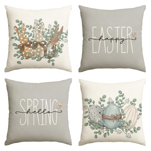 Artoid Mode Eukalyptus Blätter Kaninchen Ostereier Ostern Kissenbezüge 4er Set, 40x40 cm Frühling Happy Easter Zierkissenbezug Couch Wohnzimmer Deko