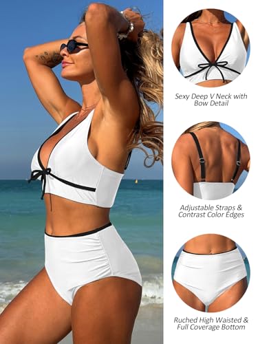 ZAFUL Womens High Waisted Bikini Sets Sexy V Neck Two Piece Swimsuit Cute Bow Ruched Bathing Suit4