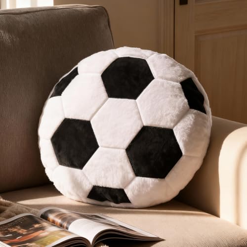 Wapasezyar Cojín de fútbol de peluche, mullido, cojín de asiento de pelota deportiva, decoración creativa para habitación infantil, regalo de fiesta de cumpleaños para niños, 35 x 35 cm