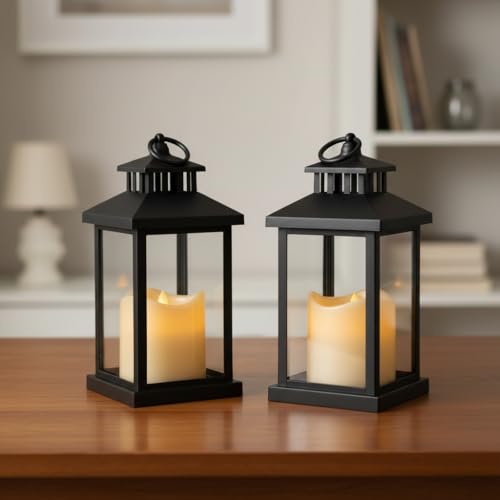 Image of Coku LT-22 Vintage LED Lantern with Pillar Candle, Battery Operated Wall Hanging Lamp, Flameless Antique Glass Holder for Home Decor, Diwali (Black, Pack 2)