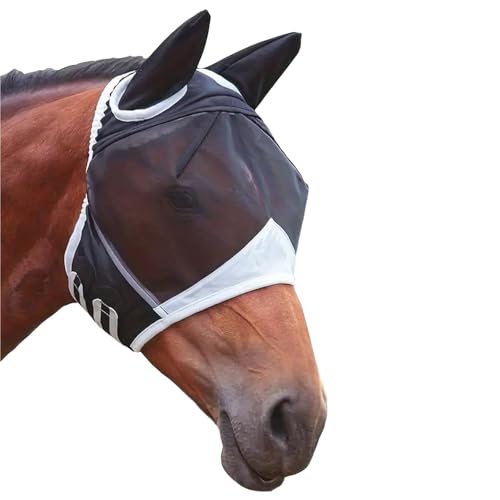 Fliegenmaske Pferd mit Ohrenschutz & Elastizität Fliegenmaske Pferd UV Schutz Atmungsaktive Fliegenhaube Pferd Cob Größe (Schwarz)