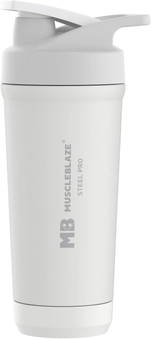 MuscleBlaze Steel Pro Shaker 700 ml with Steel Whisk, Leakproof Gym Shaker Bottle for Supplements, Pristine White