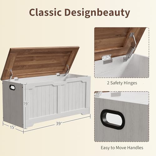 IDEALHOUSE Farmhouse Storage Bench, Storage Chest with 2 Safety Soft-Close Hinges, 15.7 x 39.4 x 18.9 Inch Entryway Bench, Multipurpose Ottoman Storage Cabinet for Entryway Bedroom Living Room - Image 2