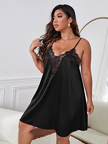 WDIRARA Women's Plus Size Satin Nightgown Lace Trim Backless V Neck Sexy Chemise4