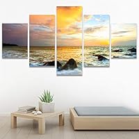 SIGNWIN 5 Panel Canvas Wall Art Modern Art Beach Dramatic Island Landscape Multicolor Photography for Home Decorations Ready to Hang - 60