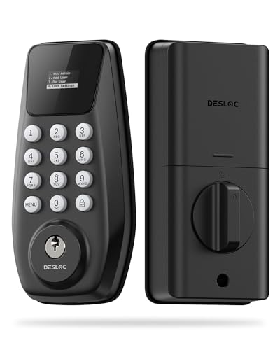 DESLOC C100 Keyless Entry Door Lock with Visual Display, 100 Customizable User Codes and 4 One-Pass Code, Door Locks for Front Door with 2 Keys,12 Months Battery, IP54, BHMA Grade 3, Auto Lock, Black
