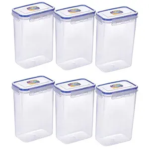 Plastic Lock & Seal Airtight Kitchen Storage Container (Transparent, 1500 ml, 15.5 x 10.5 x 17 cm), 6 Pcs Set