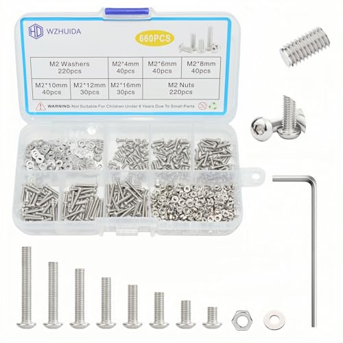 WZHUIDA 660 Stück M2 Schrauben Set, Edelstahl Linsenkopf Metrisch Innensechskant Muttern und Unterlegscheiben Sortiment, Gewindemaschinen Sechskantschrauben