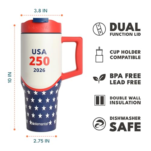 Image of Elemental 100% Leak Proof 32oz Tumbler with Handle & Straw Travel Mug | Stainless Steel Double Wall Insulated Tumbler for Hot and Cold Beverages with Sip & Straw Lid