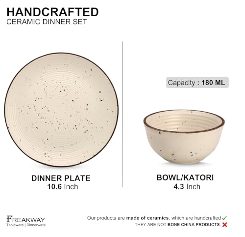 Image of Freakway Handcrafted Ceramic Dinner Set of 4 Pcs | 2 Dinner Plate (10.6 Inch) and 2 Bowl /katori (4.3 Inch) | Bone Ash Free | Microwave and Dishwasher Safe - Off White