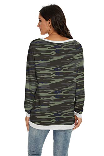 Jinkesi Women Long Sleeve Tops Color Block Sweatshirts Round Neck Loose Tunic Top Fp-Camo Green-Large #TOP3