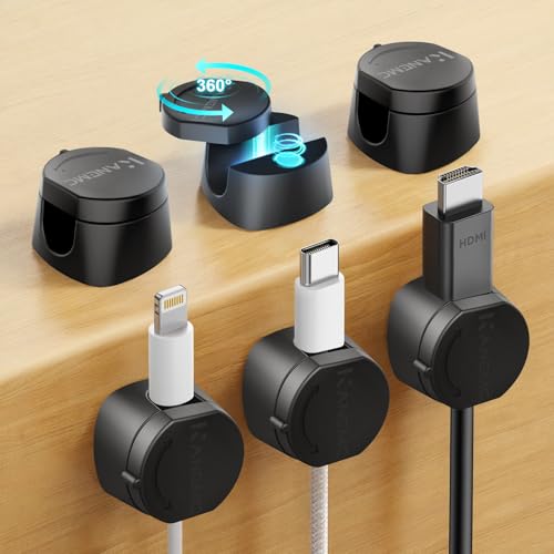 Kanemc Cable Clips Cord Holder for Desk, 360° Spin Magnetic Wire Organizer Self Adhesive Cord Management for Office Desks Cars Home Kitchen Electronic Accessory (Black, 6 PCS)