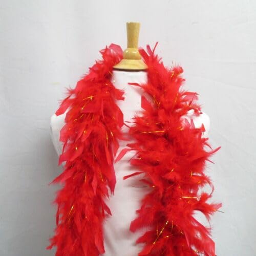 Heavy Weight Chandelle Feather Boa 72in Long for Costumes Theatre Red with Gold Tinsel Fabric
