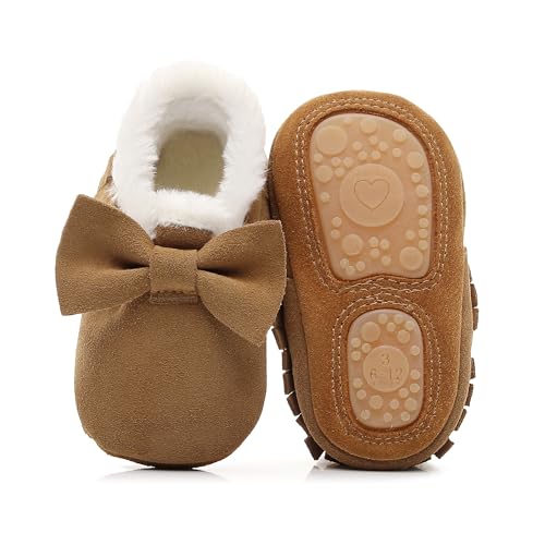 HONGTEYA Baby Moccasins with Fur Fleece Rubber Soles Warm Snow Boots Leather Baby Shoes for Boys Girls…