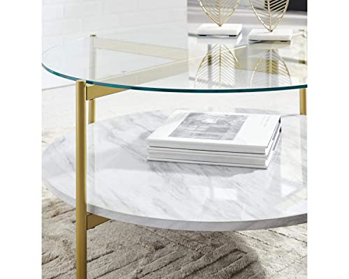 Signature Design By Ashley Wynora Contemporary Round Coffee Table With Glass & Faux Marble, White & Gold #TOP1