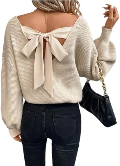 Chvity Long Sleeve Sweaters for Women 2025 Fall Winter Fashion Backless Bow Tied Tops Casual Work Party Trendy