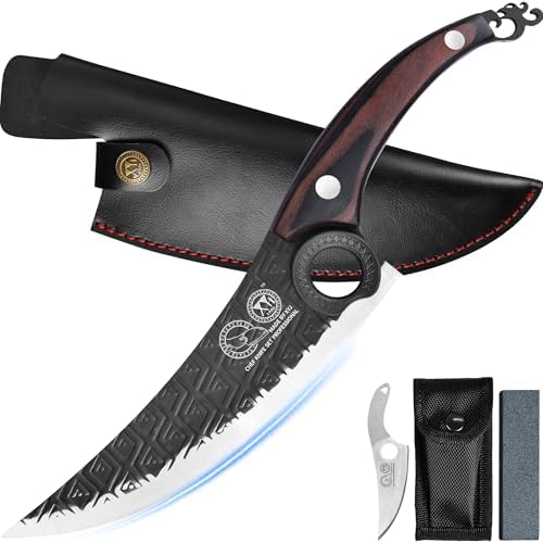 XYJ FULL TANG 8 Inch Boning Knife With Sheath, Stainless Steel Portable Chef Fishing Knife Wood Handle, Meat Cleaver Butcher Knife For Kitchen Camping Outdoor BBQ