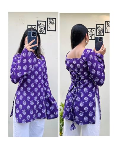 Image of Women's Rayon Printed Short Kurti | Straight Fit Casual Ethnic Top | Square Neck Full Sleeve Ladies Kurti Office College