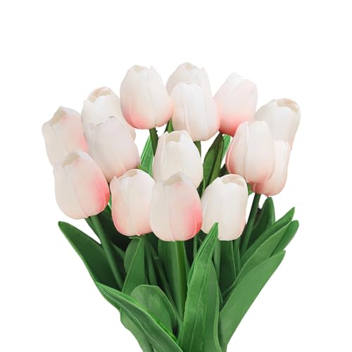 FAINCA 15 Piezas Tulipanes Artificiales, Toque Real Ramos de Flores Artificiales Tulipanes, Tulipán Artificial, para Ramo de Novia, San ValentíN, Día de la Madre (Polvo Blanco)