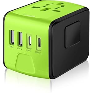 JMFONE International Travel Adapter Universal Power Adapter Worldwide All in One W/Smart High Speed 2.4A 4 USB Perfect for European US, EU, UK, AU 160 Countries (Green)
