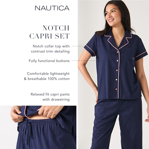 Nautica Pajamas for Women Set, Womens Lightweight Short Sleeve Button Down Pajama Shirt & Capri Pants, Lounge Sets PJs Women4