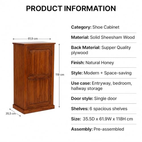 Image of Solid Sheesham Wood Shoe Cabinet with Door, 6 Shelves, Natural Finish | Multi-Purpose Storage Cabinet, Holds 12-15 Pairs of Shoes, No Assembly Required