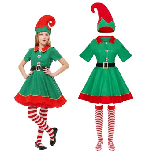 Fato de Duende de Natal Uieamsio elfo de natal elfo natal Disfarces de Cosplay de Elfo Senhoras Crianças para Fato Senhoras Crianças Natalício Carnaval Festa 5-15 anos (130 cm)