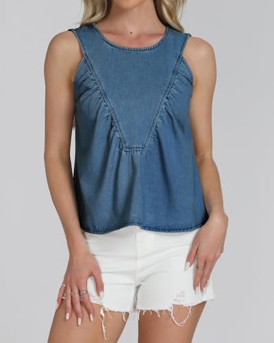 Womens Peplum Babydoll Denim Tops Casual Summer Sleeveless Flowy Jean Tops Loose Shirred Swing Tank Tops3