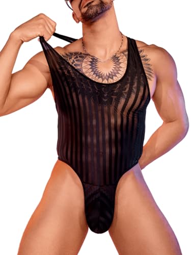 Mesh Bodysuit for Men, Mens Thong Lingerie, Sheer Tank Top Man, Sissy Clothes Singlet Sexy Underwear Fishnet Gay