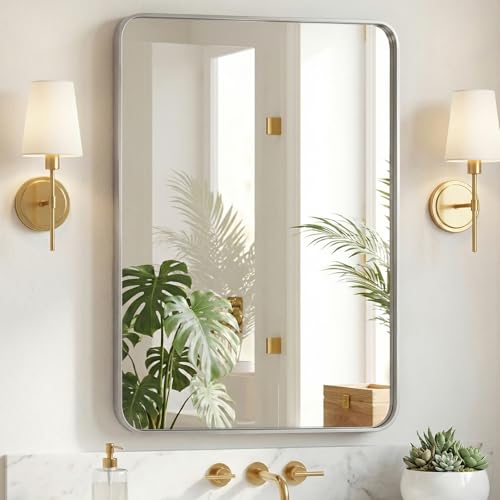 Image of NEWBULIG 30 inchx40 inch Sliver Wall Mirror, Bathroom Mirrors for Over Sink, Matte Metal Framed Vanity Mirror with Tempered Glass, Entryway, Living Room, Bedroom