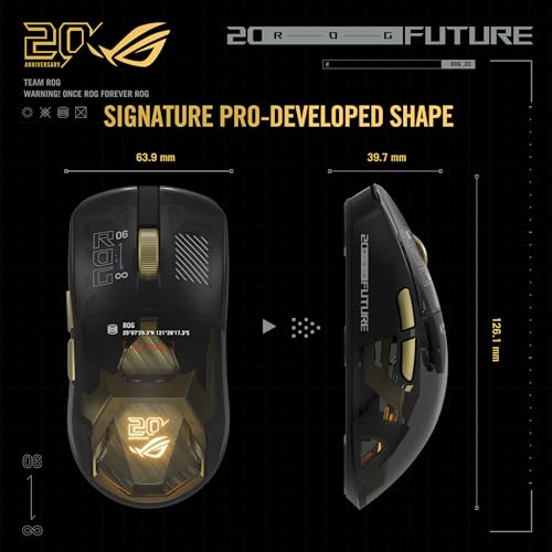 Image of ASUS ROG 20th Edition Harpe II Extreme - Wireless Esports Gaming Mouse - 82g Lightweight, Tri-Mode Connectivity, 65K DPI, 8K Hz Polling, 24K Gold-Plated, Web Config - Gold /Black