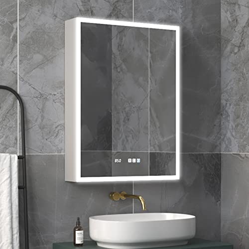 Exbrite Lighted Medicine Cabinet 24 X 32 Inch,Recessed Or Surface Led Medicine Cabinet, Clock&Room Temp Display,Defog,Dimming,Medicine Cabinet With Lights 3-Color Temper Chang,Hinge On The Right #TOP13