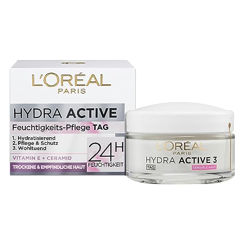 L'Oreal Paris - L'Oréal Paris Feuchtigkeitspflege für das Gesicht, Gesichtscreme für sensible Haut, Hydratisierende Tagescreme mit Glycerin und antioxidativem Vitamin E, Hydra Active 3 sensible Haut, 1 x 50 ml