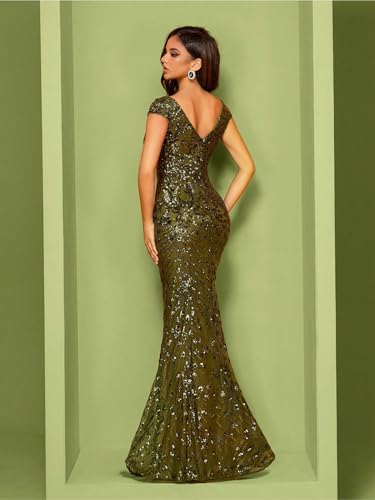 Image of Womens Sequined Long Evening Gown Glamous Sleeveless V-Neck Mermaid Prom Dress for Wedding Party Club Occasions