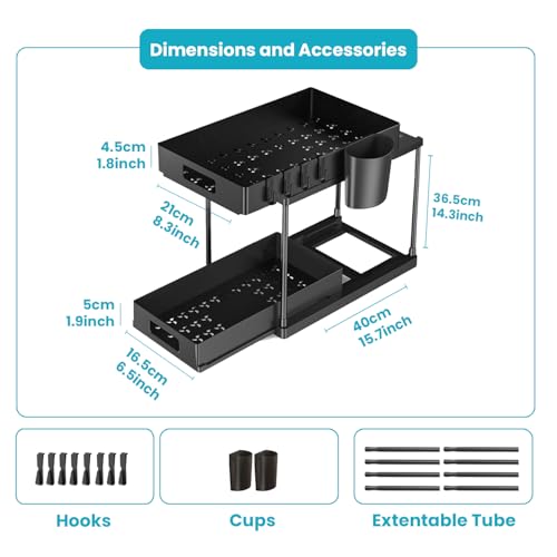 Pack de 2 Organizadores Bajo Fregadero, Almacenamiento Multiuso Bajo Gabinete con Ganchos y Tazas Colgantes, Organizador de 2 Niveles para Baño y Cocina (Negro) miniatura 2