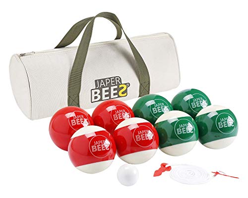 JAPER BEES Bocce Ball Set 90mm Solid Resin Outdoor Lawn Games for Family with 8 Balls 1 Pallino Measuring Rope Canvas Carrying Case