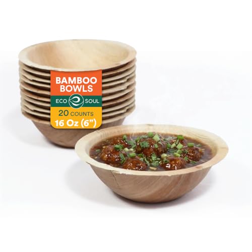 ECO SOUL [475 ml, 20 Pack Bamboo Bowls | Like Wooden Bamboo | Eco Friendly, Biodegradable, Use and Throw Small Dona | for Serving Pasta, Soup & Snacks | Birthday, Wedding & Party (6 inch)