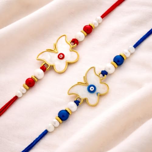 Image of Riddhika Ventures Elegant Evil Eye Rakhi for Protection from Negative Energy (Set Of 2) With Roli Chawal And Greeting Card (T1U1)