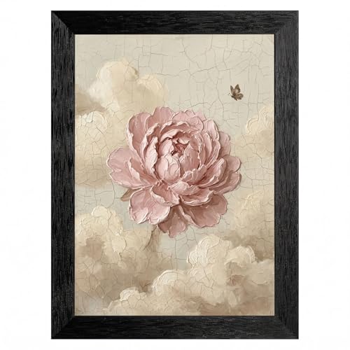 Framed Wall Art Pink Peony Oil Painting in Textured Black Frame - Vintage Rococo Style Floral Decor - Romantic Impasto Flower Artwork for Living Room Bedroom Office - Ready to Hang - 8x10 Inch