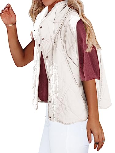 Senserise Womens Quilted Vest Stand Collar Lightweight Button Down Padded Gilet With Pockets(Cream,L) #TOP1