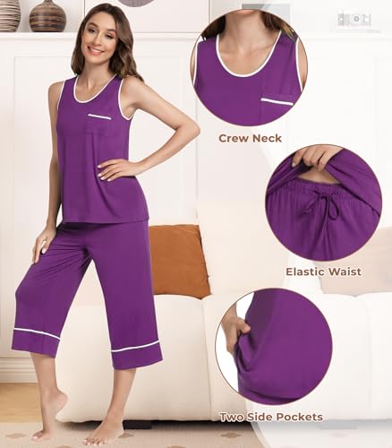 Image of NACHILA Pajamas Set for Women-Viscose Made from Bamboo, Tank Top with Capri Pants Pajama Cool Sleepwear Sleeveless Pjs