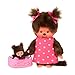 Sekiguchi 204076 Original Monchhichi Girl with Pink Heart Dress and Bebichhichi in Cot, Approx. 20 cm Large Cuddly Toy Made of Brown Plush