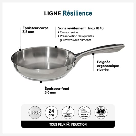 Poêle inox resilience 24cm 5five ustensile induction induction inox durable cuisine - 6