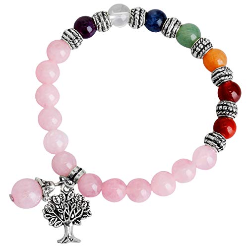 TUMBEELLUWA Beaded Bracelets Semi Precious Stone Yoga Beads Healing Crystals Tree of life Charm Chakra Bracelet Handmade Jewelry for Women,Rose Quartz(7 Chakra)