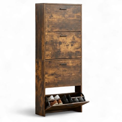 CATAVANA - Meuble de Rangement a Chaussure 24 Paires - Grande Étagère pour Couloir - MDF Style Bois - Design Rustique - 4 abattants - L60x24xH150 cm -...
