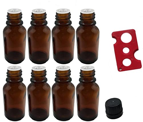 Amber Glass Bottles with Euro Orifice Reducer Tops, Essential Oil Bottle Opener, 15ml (8 pack)