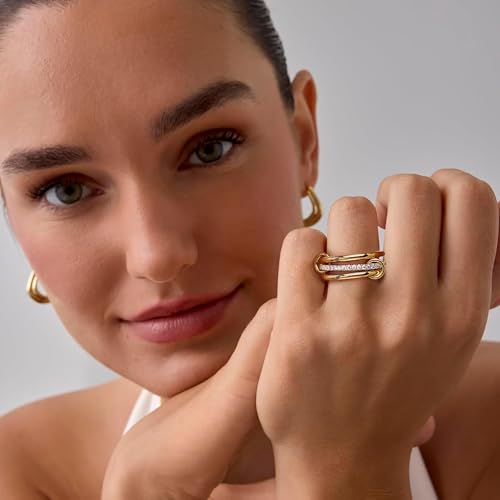 14K Gold Plated Stackable Rings,3 CZ Cubic Zirconia Ring Set,Silver & Gold Stacking Rings, Multi-Link Connected,Statement Interlocking Band for Women, Hypoallergenic, Non Tarnish wedding ring4